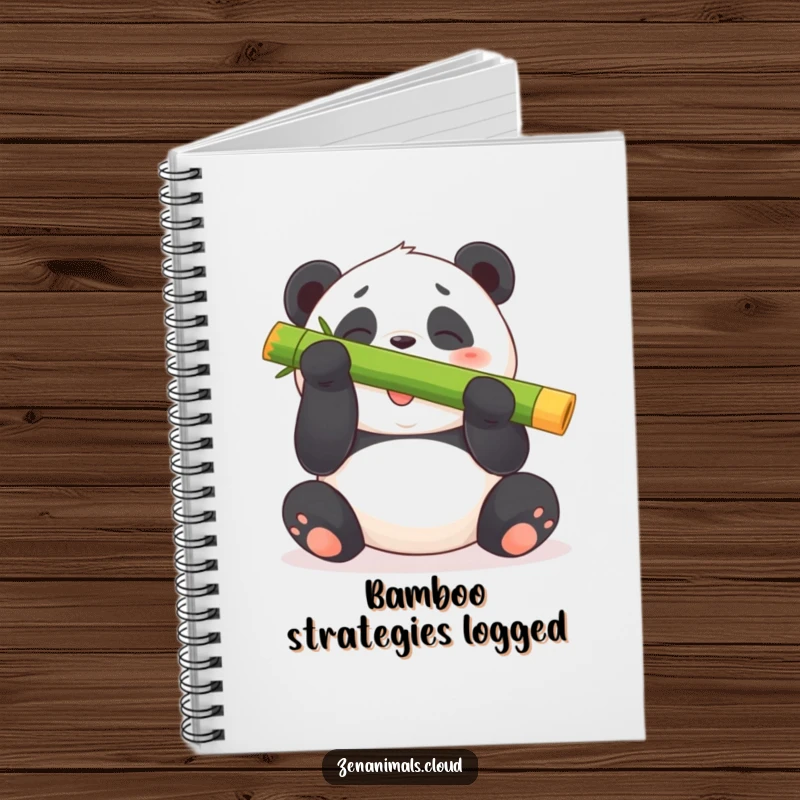 Funny panda bear notebook cover with a plump bear giggling while balancing a large bamboo shoot on its nose.