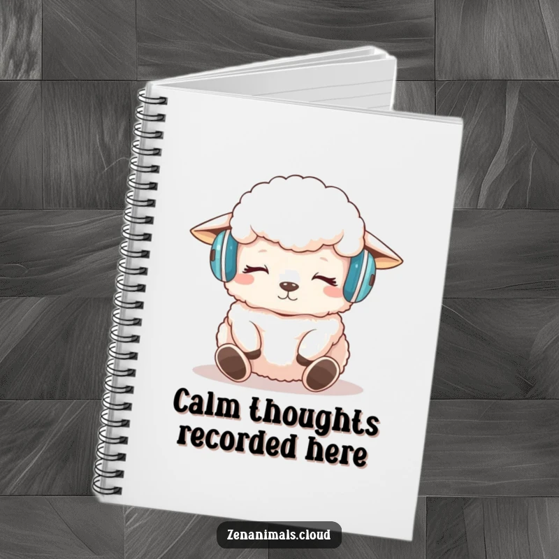 Funny sheep meditation notebook cover with a sheep wearing headphones, meditating peacefully, encouraging calm writing.