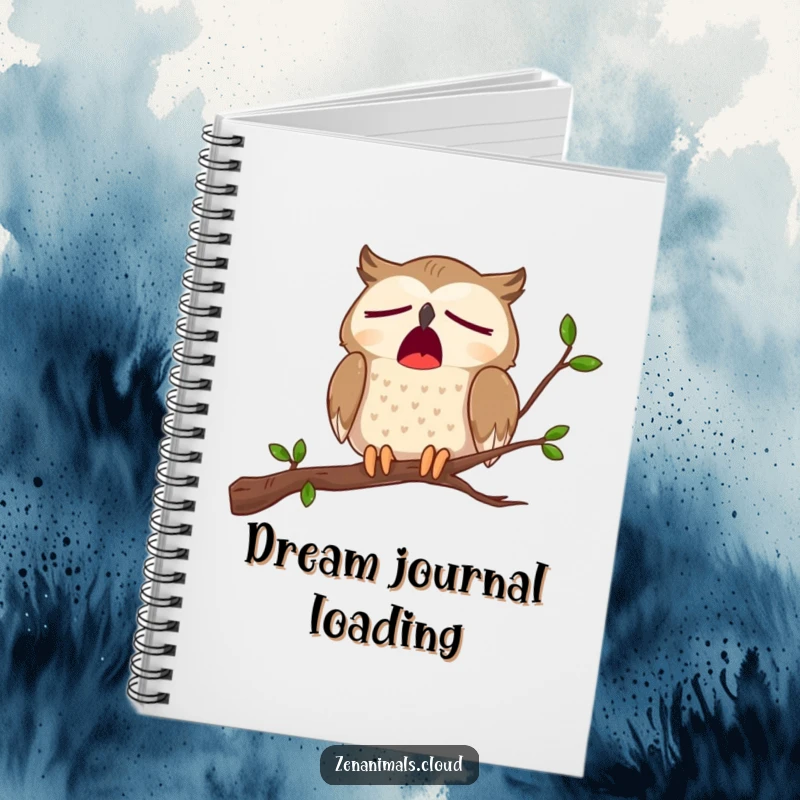 Funny notebook cover displaying a cartoon owl perched on a branch, caught in a huge yawn, symbolizing sleepiness.