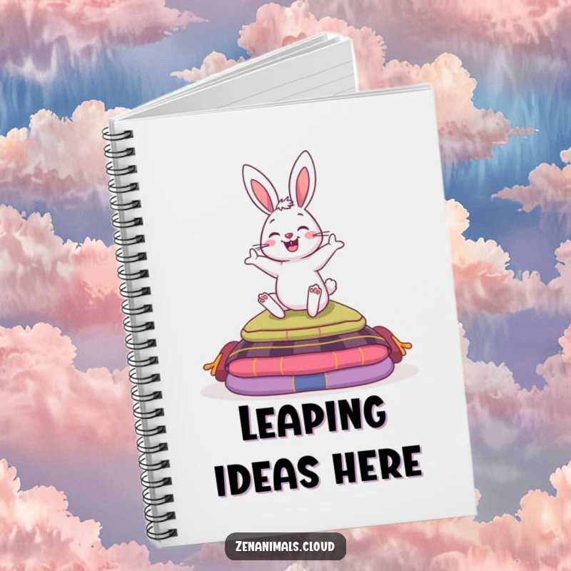 Funny notebook with a bouncy bunny hopping over meditation cushions, ideal for writing down thoughts with a humorous and peaceful theme.