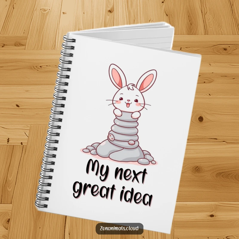 Funny notebook with a cheerful bunny balancing a tall stack of pebbles, ideal for jotting down notes.