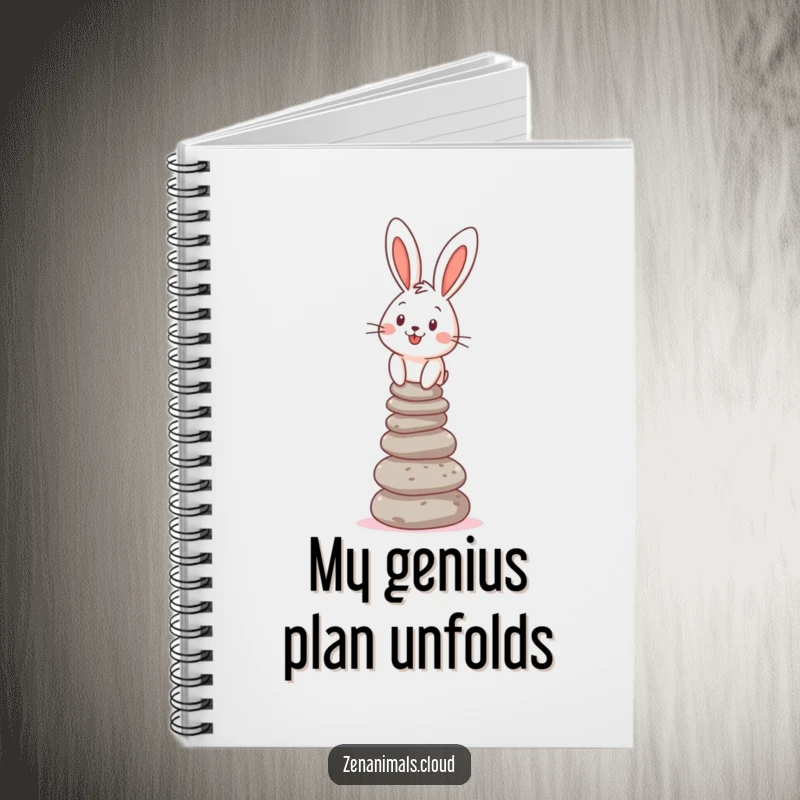 Funny Notebook with a cheerful bunny balancing a stack of pebbles, ideal for funny journaling and notes.