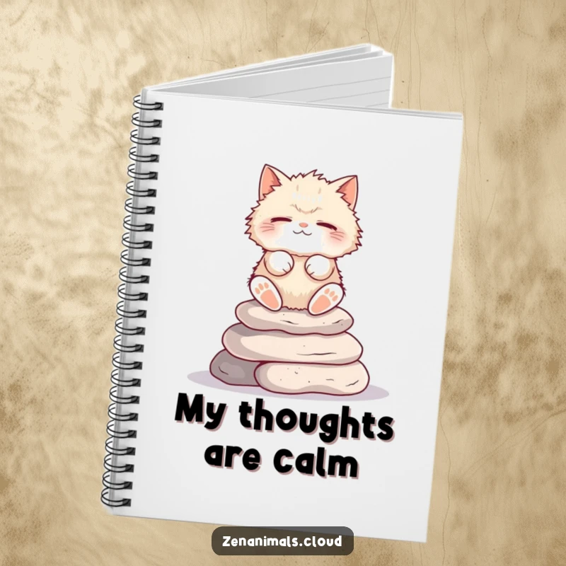 Funny Cat Notebook: Fluffy cat meditating on stones, eyes closed, a humorous journal.
