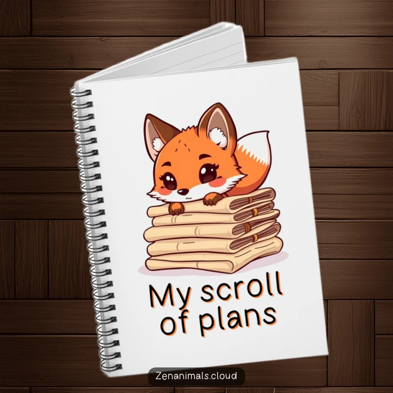 Funny curious fox peeking from behind ancient scrolls, tail wagging, ruled notebook for journaling and writing.