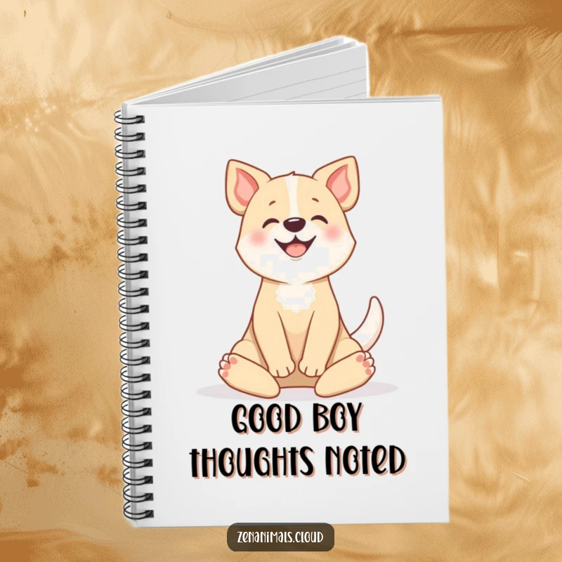 Funny notebook with a happy dog in a serene lotus position, tail wagging, perfect for jotting down notes with a playful spirit.