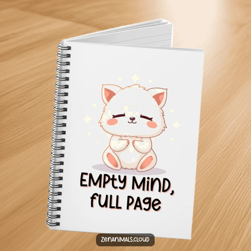 Funny meditation animal notebook with a tiny, fluffy creature in a meditative pose, surrounded by a soft, glowing light for creative inspiration.