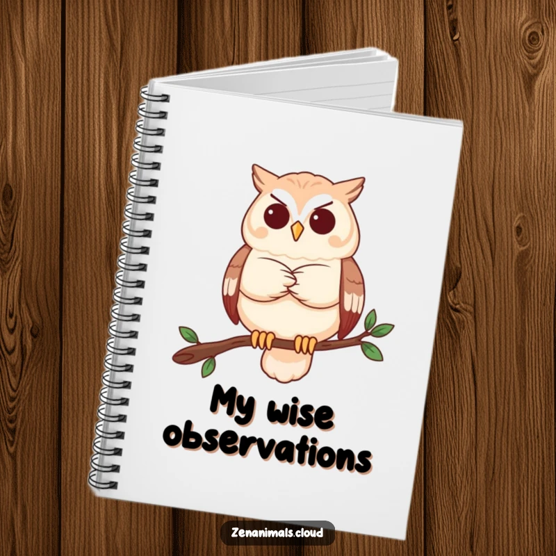 Funny owl notebook with a serene owl contemplating, ideal for notes and a humorous gift.