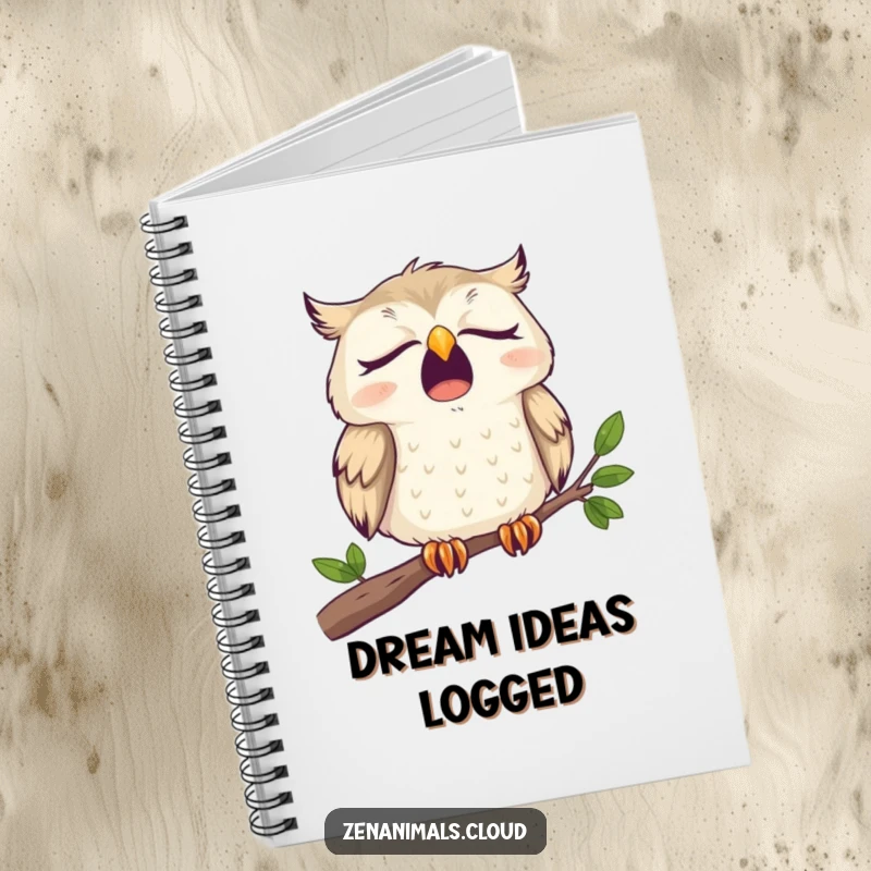 Funny Notebook with a sleepy owl yawning widely on a branch, ideal for funny journaling and notes.