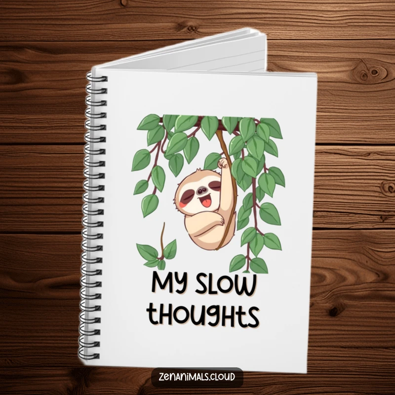 Funny sloth character slowly reaching for a vine with a yawn, ready to inspire notes in this humorous journal.