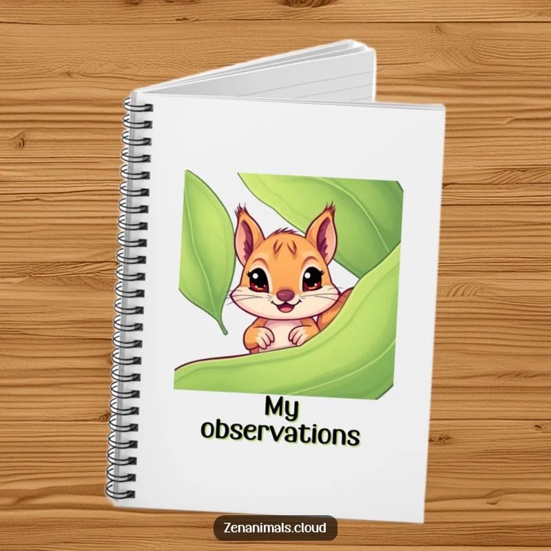 Funny squirrel notebook with a curious squirrel peeking from the cover, wide eyes looking out, perfect for jotting down funny notes.