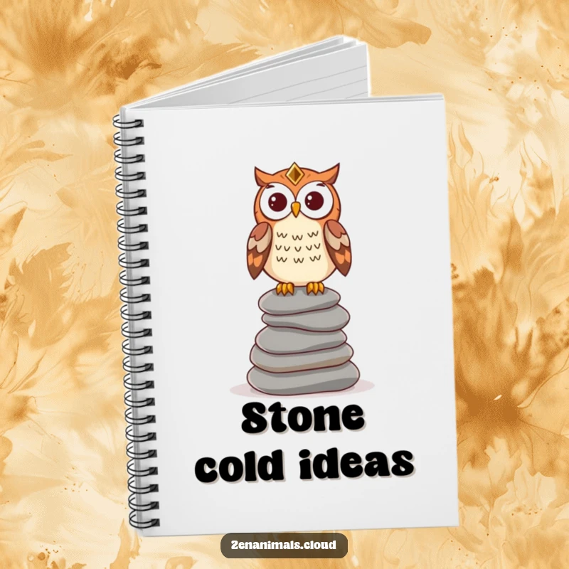 Funny wise owl notebook with an owl perched on stones, ideal for journaling with a touch of humorous wisdom.