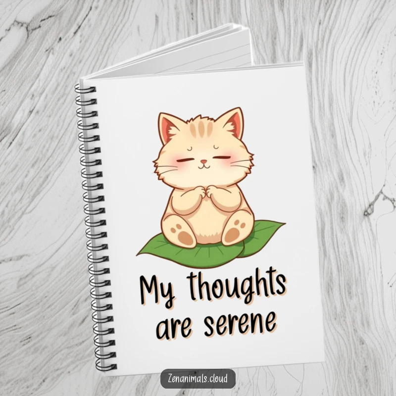 Funny notebook with a round, fluffy cat meditating peacefully on a leaf, ideal for journaling calm thoughts.
