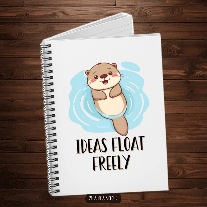 Funny happy otter floating on serene water on a notebook, ideal for jotting down joyful thoughts and ideas.