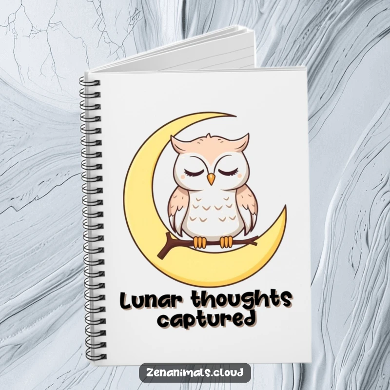 Funny Notebook with a calm owl on a crescent moon, blinking slowly, inspiring peaceful writing and creative thoughts.