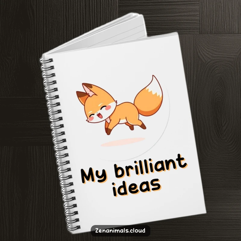 Funny notebook cover displaying a cartoon fox in a comical, energetic loop chasing its tail.