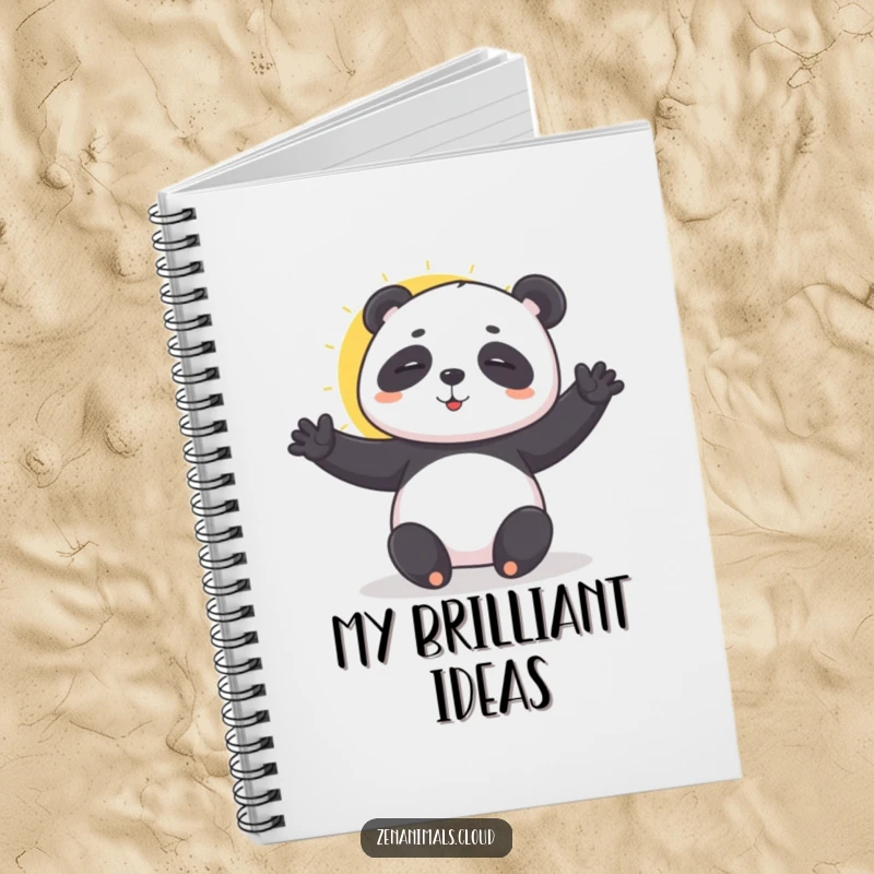 Funny playful panda doing a sun salutation on a notebook, ideal for jotting down peaceful thoughts and ideas.