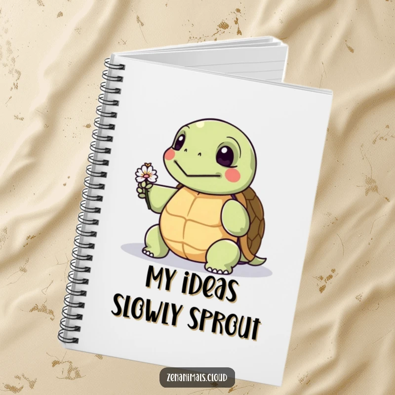 Funny notebook with a wise turtle offering a tiny flower, ideal for capturing thoughts and ideas with a humorous, gentle theme.