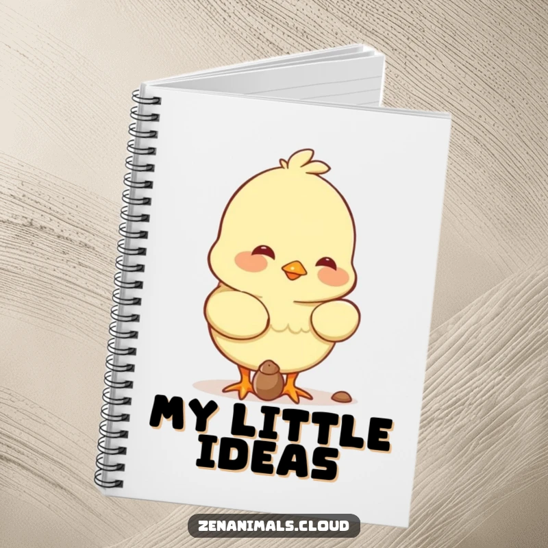 Funny chick character pecking a seed with a soft smile, ready to inspire notes in this humorous journal.