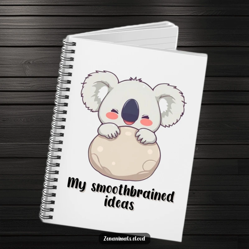 Funny Notebook with a joyful koala hugging a stone, eyes wide with delight, inspiring happy thoughts and creativity.