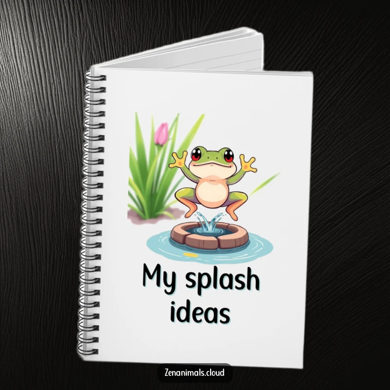 Funny frog meditation notebook with a frog leaping into a pond on the cover, perfect for jotting down notes and funny ideas.