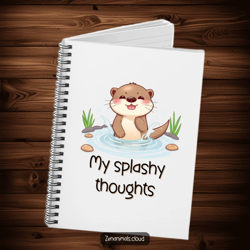 Funny playful otter splashing water in a serene pond with pure glee, ruled notebook for notes.
