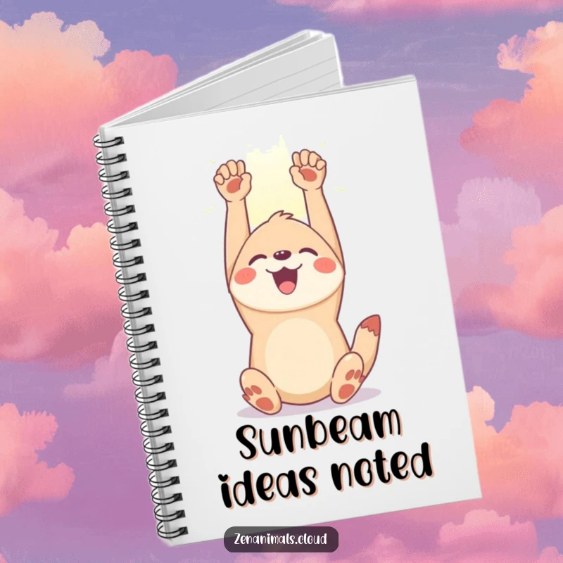 Funny joyful animal notebook with a happy creature stretching towards a sunbeam, perfect for journaling about positivity and joy.