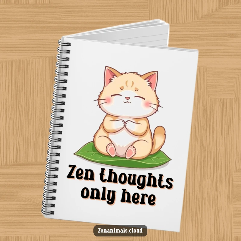 Funny Notebook featuring a round, fluffy cat meditating peacefully on a leaf, ideal for funny journaling and notes.