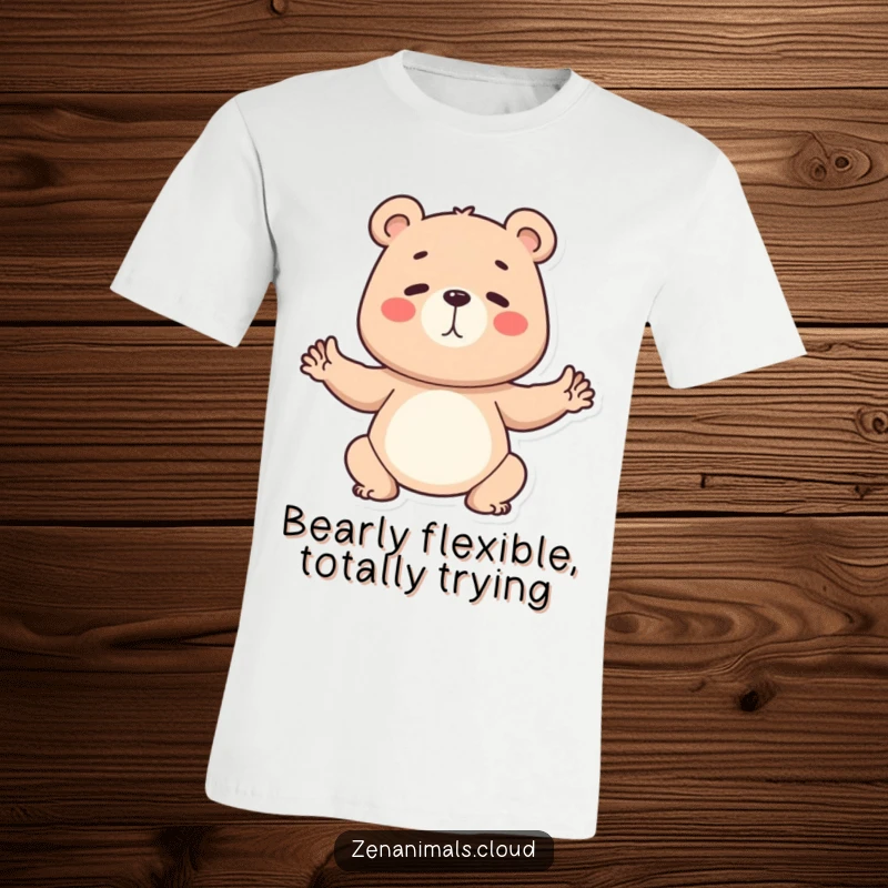 Funny T-Shirt showing a determined bear in a challenging yoga pose, radiating strength and humorous effort.