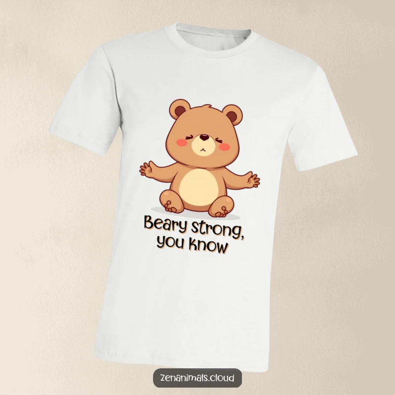 Funny t-shirt showing a determined bear holding a difficult yoga pose with intense focus and balance.