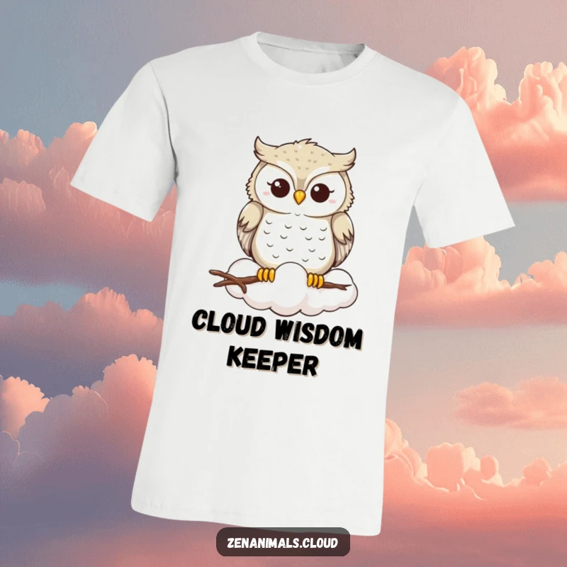 Funny Owl T-Shirt: A smiling owl sits serenely atop a whimsical cloud, embodying peaceful wisdom and gentle humor, perfect for casual wear.