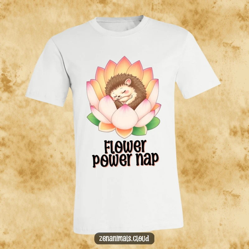 Funny Hedgehog T-Shirt: A serene hedgehog sleeps soundly within a blooming lotus flower, radiating ultimate peace and tranquility.