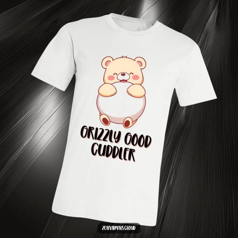 Funny bear character in a delightful hug with a large, round cushion, printed on a humorous t-shirt.