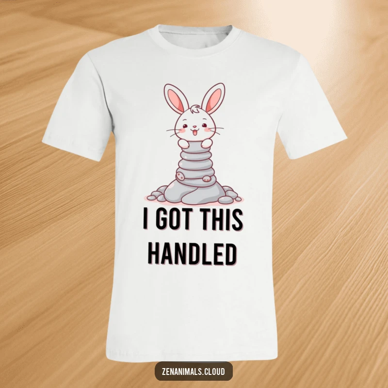 Funny t-shirt showing a cheerful bunny with a grin, skillfully balancing a precarious stack of smooth pebbles.