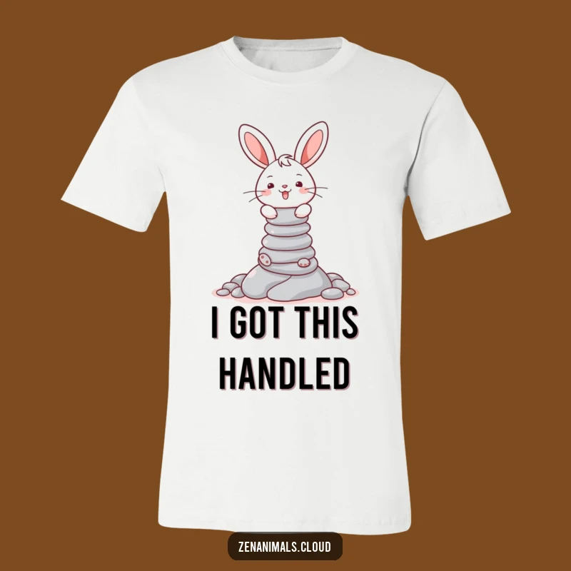 Funny Bunny Balance T-Shirt - Cheerful Pebble Stacker Feline Shirt