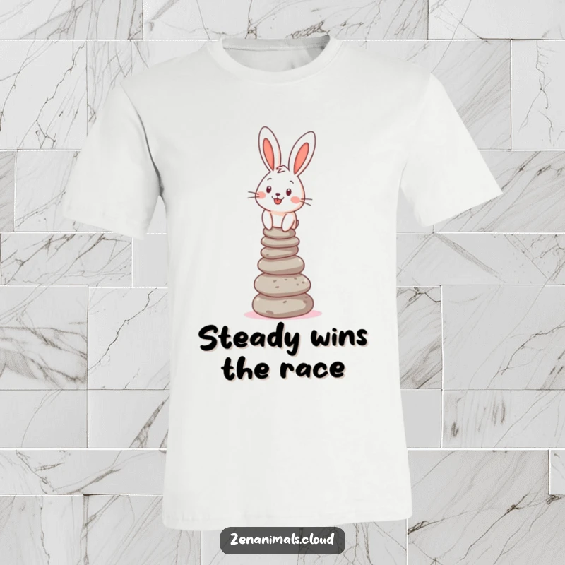 Funny T-Shirt depicting a cheerful bunny attempting to balance a precarious stack of pebbles, radiating fun and focus.