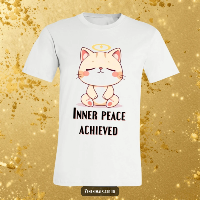 Funny cat meditation t-shirt, meditating cat with closed eyes and tiny halo, peaceful and humorous design.