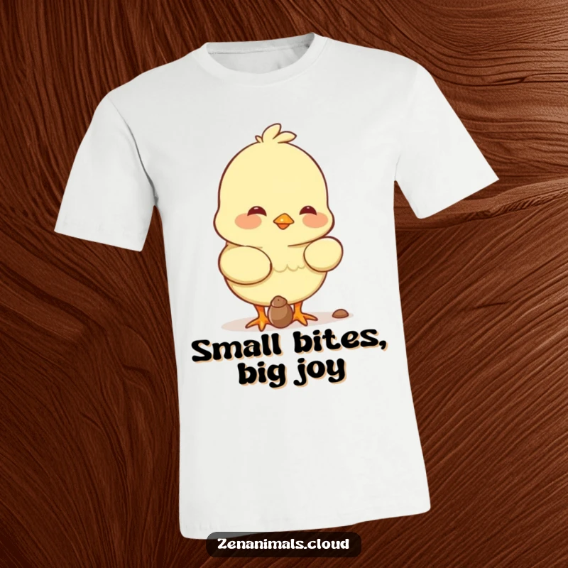 Funny chick character pecking at a small seed with a gentle smile, featured on this humorous t-shirt.
