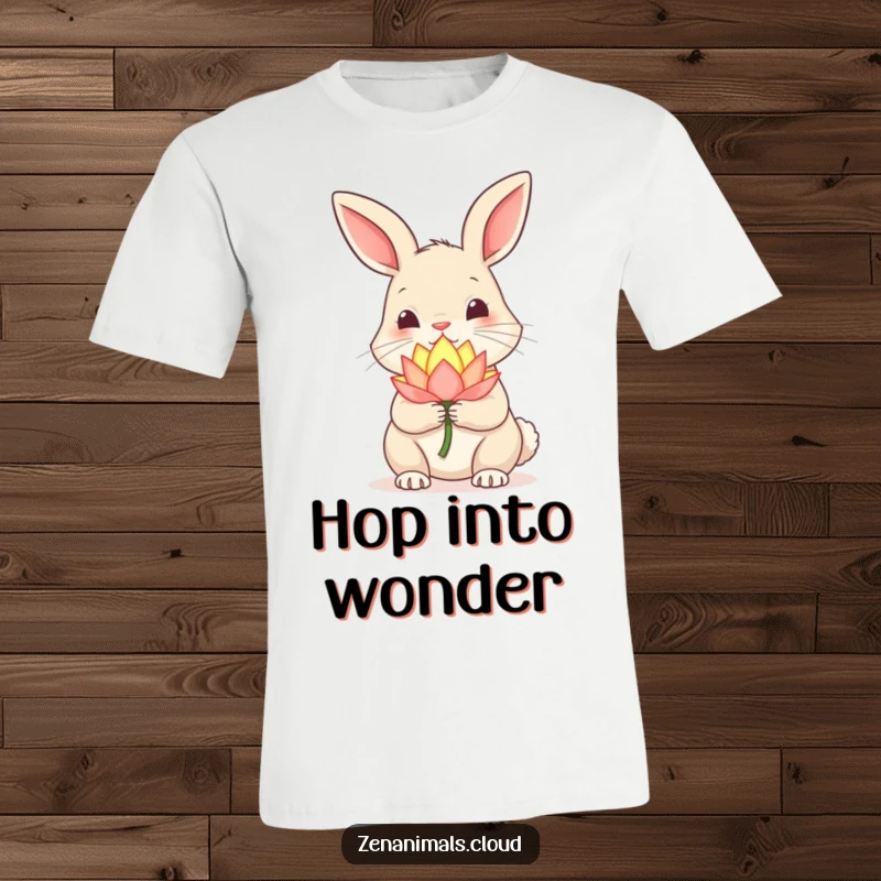 Funny Rabbit T-Shirt: Curious rabbit holding a glowing lotus flower, nose twitching, a whimsical design.