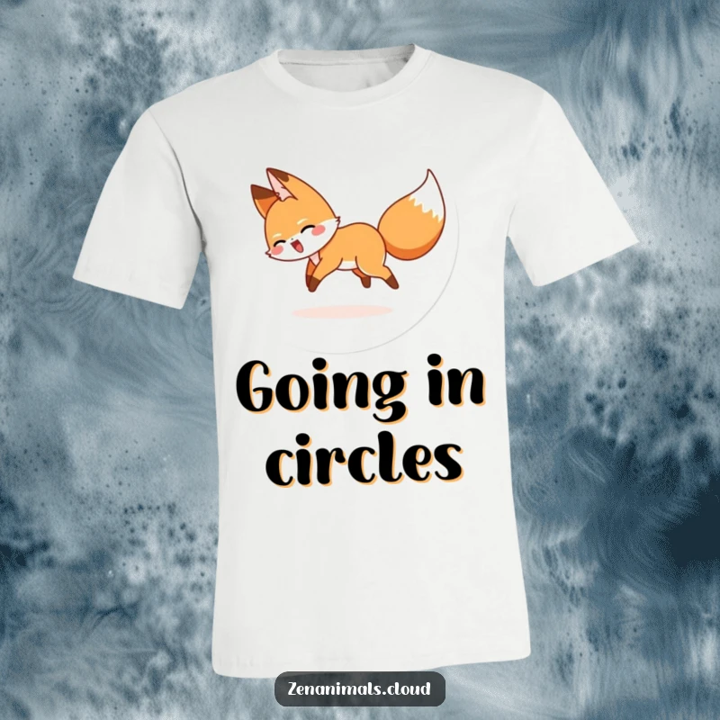 Funny t-shirt featuring a cartoon fox comically chasing its own tail in a dizzying, happy spin.