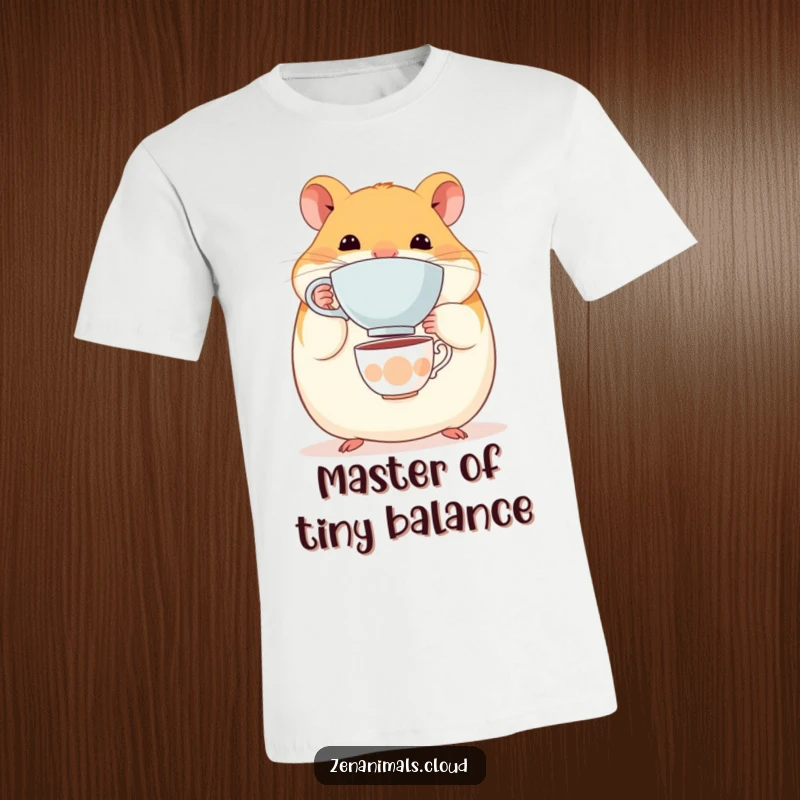Funny Hamster T-Shirt: A round, content hamster balancing a tiny teacup on its nose, highlighting playful and humorous skill.