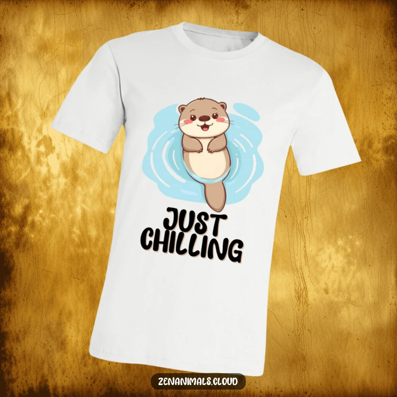 Funny happy otter floating on its back in serene blue water on a t-shirt, a design of pure joy.
