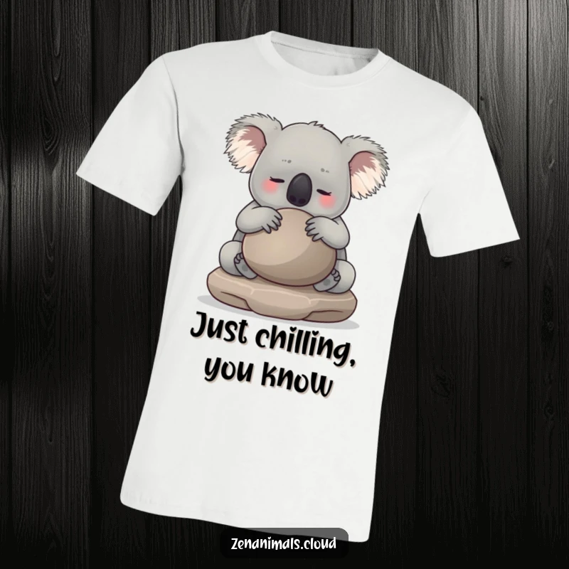 Funny koala wearing a serene expression while hugging a smooth, round meditation stone t-shirt. Emphasizes peace and humor.