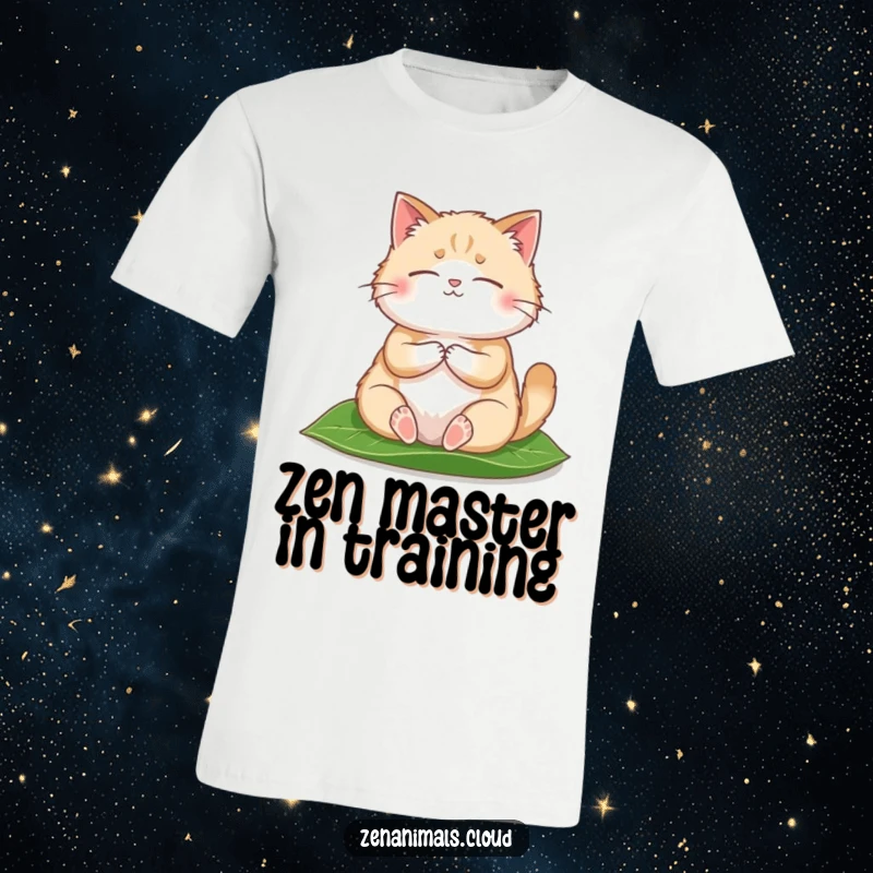 Funny T-Shirt showing a round, fluffy cat meditating serenely on a leaf, exuding calm and comedic charm.