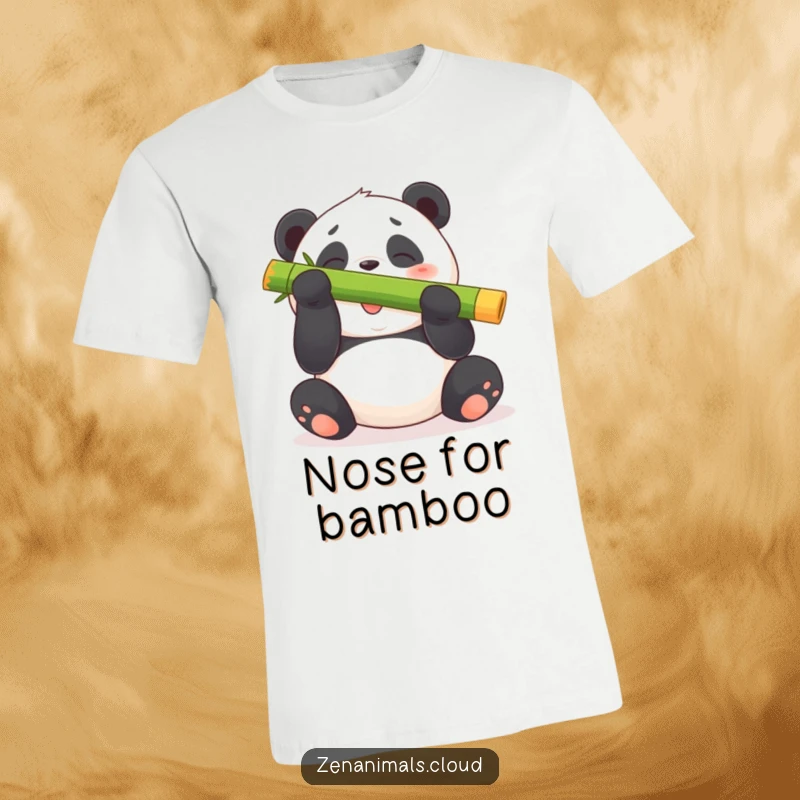 Funny panda bear t-shirt depicting a plump bear giggling while balancing a large bamboo shoot on its nose.