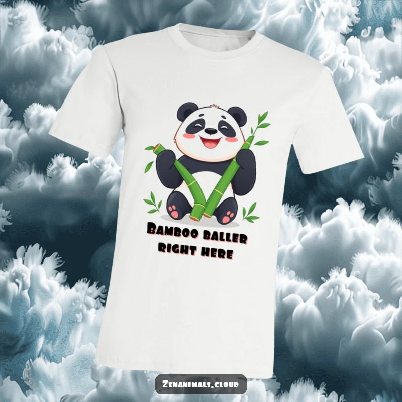 Funny Panda T-Shirt: Happy panda juggling bamboo shoots with a wide grin, a joyous design.