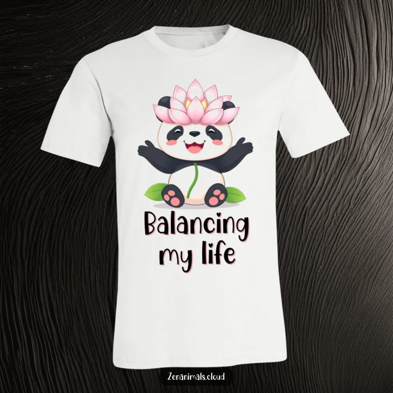 Funny panda lotus t-shirt, joyful panda balancing a large flower on its nose, whimsical and humorous graphic.