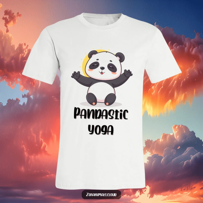 Funny playful panda performing a gentle sun salutation on a t-shirt, a design for peaceful practice.