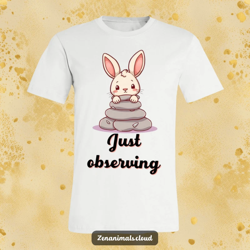 Funny Rabbit T-Shirt: A curious rabbit peeks playfully from behind a stack of smooth river stones, adding humor to your attire.