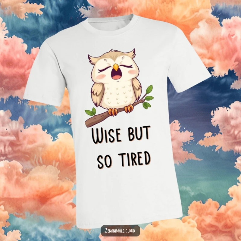 Funny T-Shirt depicting a sleepy owl caught mid-yawn on a tree branch, radiating relatable exhaustion and humor.