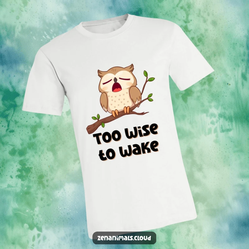 Funny t-shirt graphic of a cartoon owl looking extremely tired, letting out a massive, comical yawn on a perch.